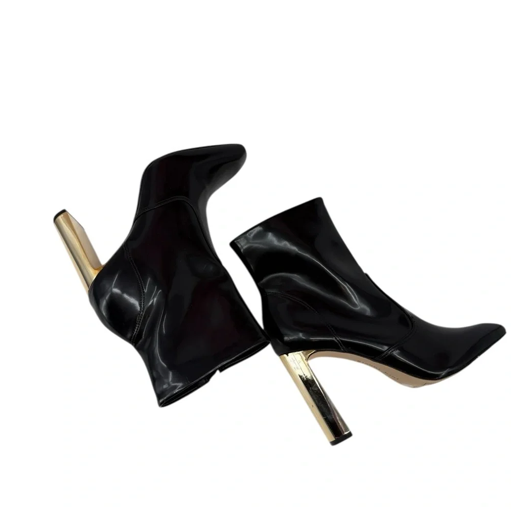 Gianni Bini Mavis Black Patent Ankle Boots Gold Block Heel Pointed Toe Size 8.5